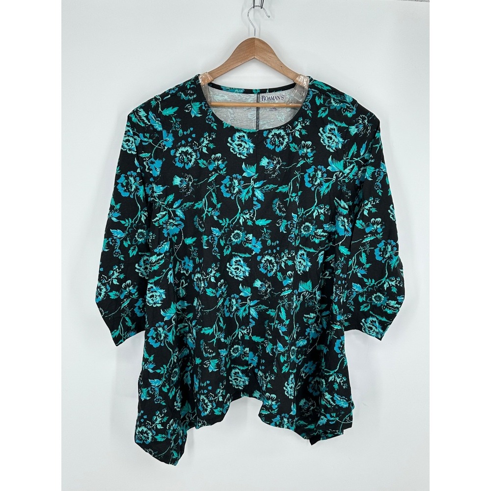 Roaman's Women's Sz 2X Tunic Top Teal Black Floral Long Sleeve S4